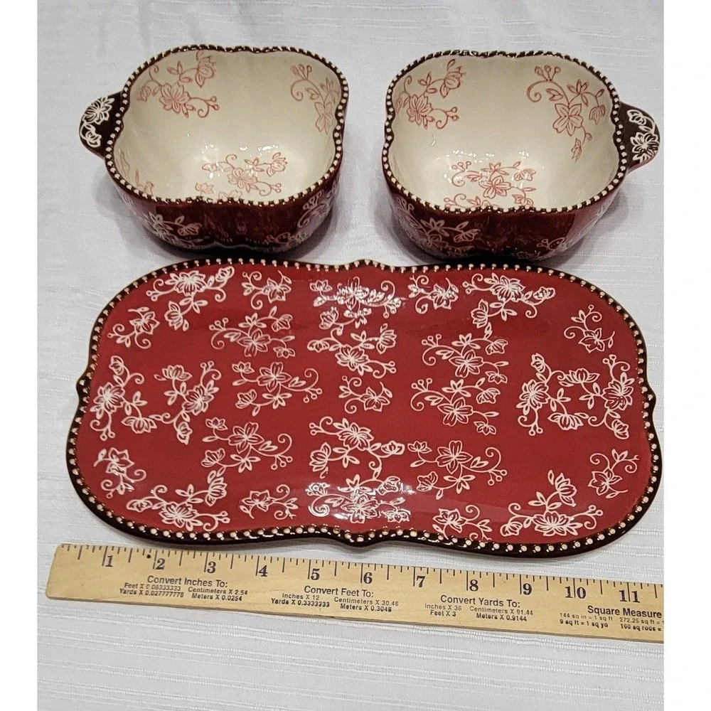 Serving Set Tray and 16oz Bowls Temp-tations Floral Lace Cranberry Red 3pc
